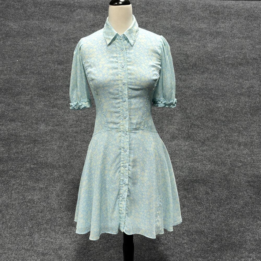 Derek Collective Dress Womens 36 Blue Floral Short Sleeve Button Front Fit Flare